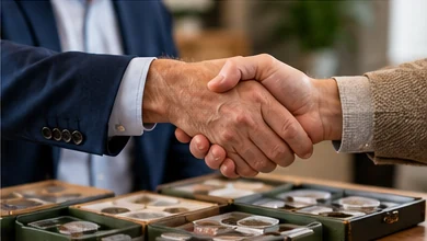 Two people discussing a coin collection