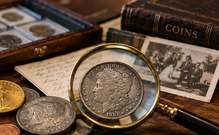 Illustrative inherited coin collection with an old album, documents and a magnifying glass