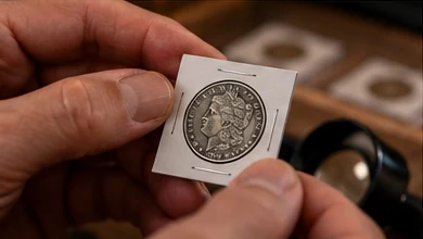 Collector examining a coin in a protective holder